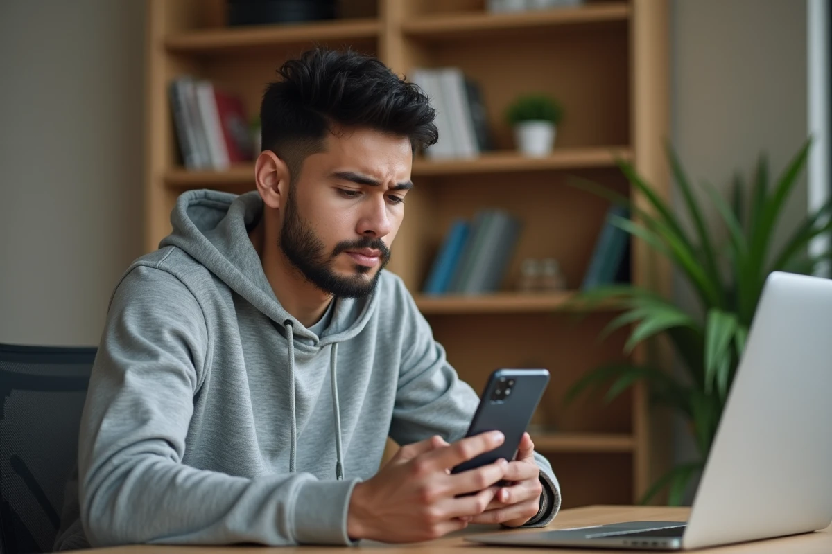 Jeune homme frustré tentant de se connecter à Sharecloudy sur son smartphone avec une erreur réseau affichée