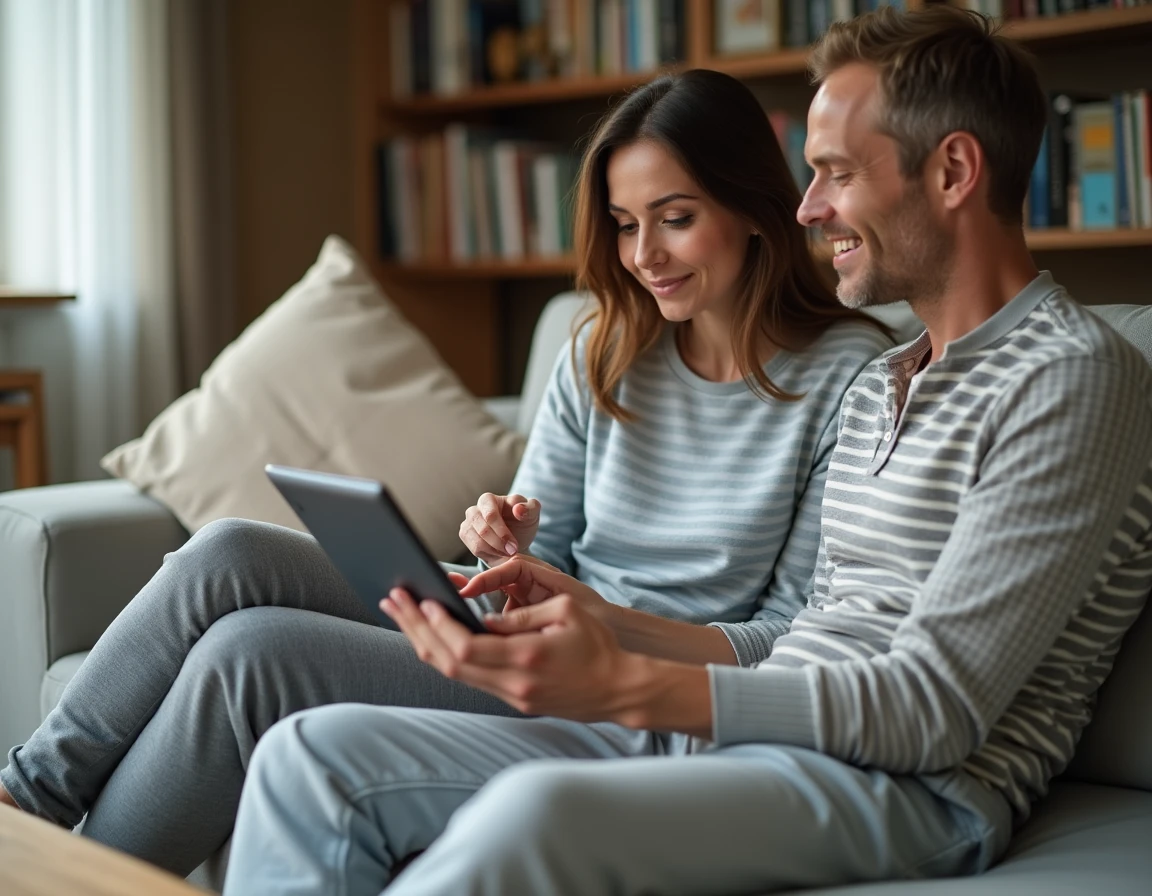 Couple planifiant leur budget familial ensemble avec un camembert Excel affiché sur une tablette dans le salon