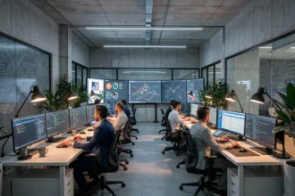 Centre opérationnel de cybersécurité dans les Pays de la Loire avec des analystes travaillant sur des écrans de surveillance réseau