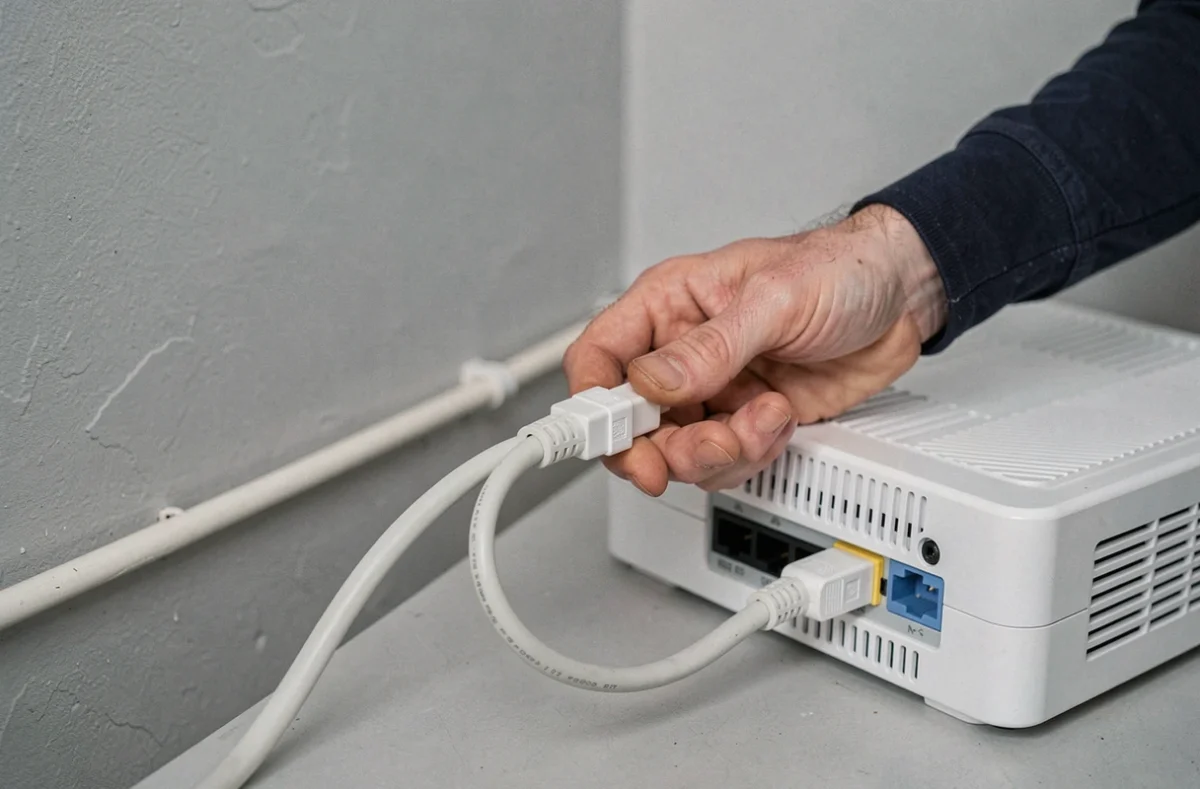 Gros plan sur les mains d'un homme débranchant le câble d'alimentation d'une box Bouygues pour corriger une erreur S1
