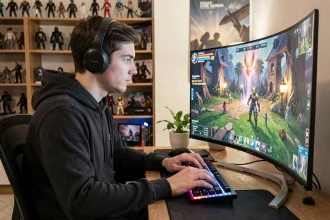 Jeune homme débutant en gaming assis devant un grand écran incurvé avec clavier mécanique et casque sans fil dans une chambre aménagée