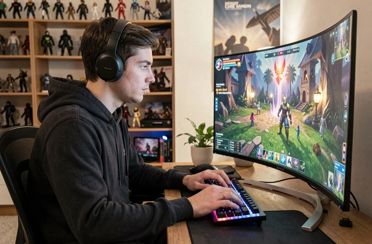 Jeune homme débutant en gaming assis devant un grand écran incurvé avec clavier mécanique et casque sans fil dans une chambre aménagée