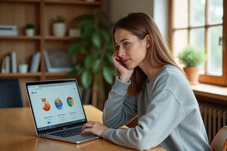 Jeune femme découvrant différents navigateurs web sur un ordinateur portable dans un bureau à domicile