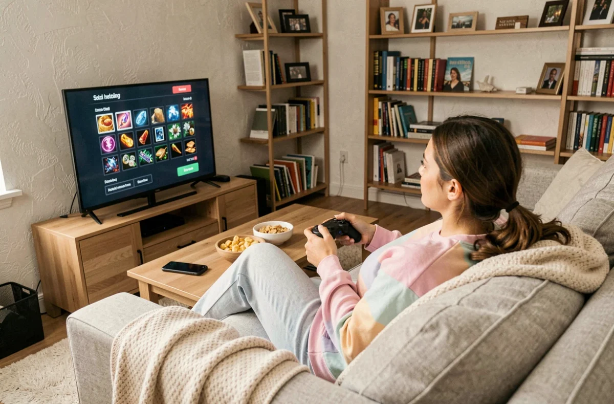 Jeune femme débutante jouant à la console sur un canapé avec manette et écran affichant un menu de loot coloré