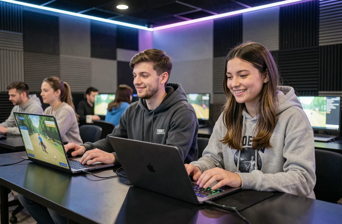 Deux jeunes joueurs débutants côte à côte dans un café gaming avec laptops et accessoires gaming sur table partagée