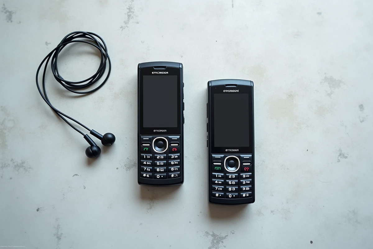 Deux téléphones Sony Ericsson GSM côte à côte sur fond gris minimaliste avec écouteurs, vue de dessus style flat lay