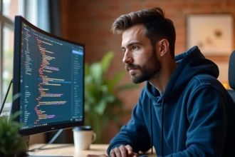 Développeur web masculin analysant un bug de positionnement CSS sur un grand écran ultrawide au bureau
