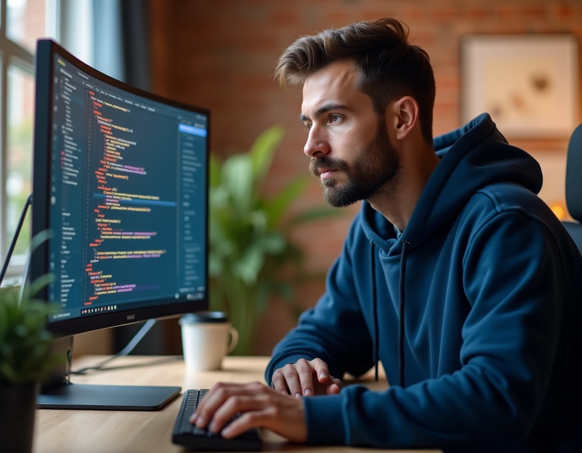 Développeur web masculin analysant un bug de positionnement CSS sur un grand écran ultrawide au bureau