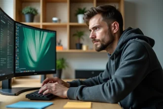 Développeur informatique examinant des fichiers .jfif sur son écran d'ordinateur dans un bureau à domicile
