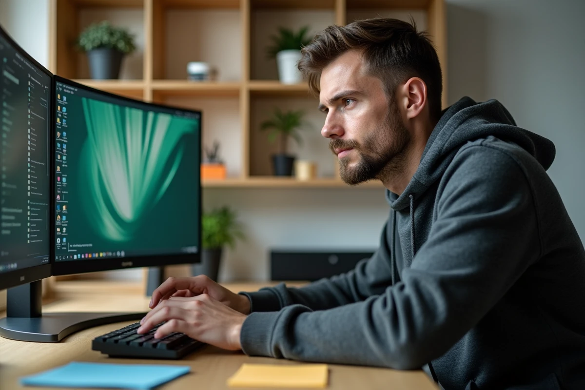 Développeur informatique examinant des fichiers .jfif sur son écran d'ordinateur dans un bureau à domicile