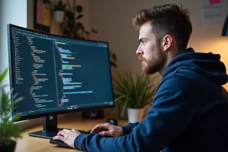 Développeur web consultant du code HTML et JavaScript lié aux formulaires et au DOM sur un écran ultrawide