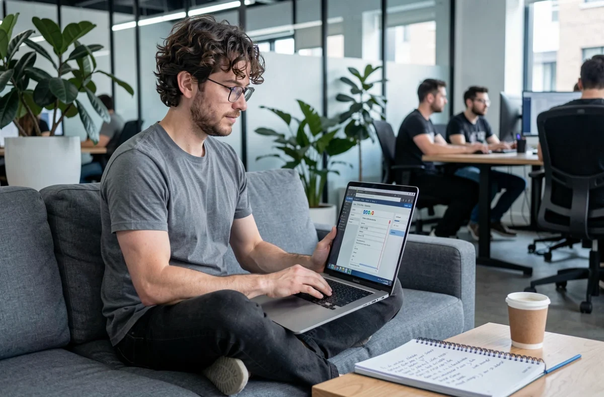 Développeur de jeux rédigeant un GDD structuré sur ordinateur portable dans un espace de coworking moderne