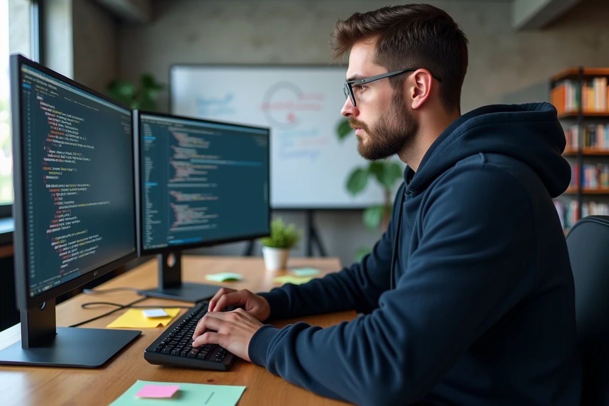Développeur Python concentré devant deux écrans affichant du code avec des diagrammes d'imports circulaires sur un tableau blanc