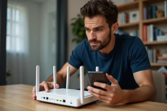 Technicien à domicile diagnostiquant une panne réseau sur un routeur blanc connecté, tenant un smartphone affichant les paramètres réseau 192.168.1.1