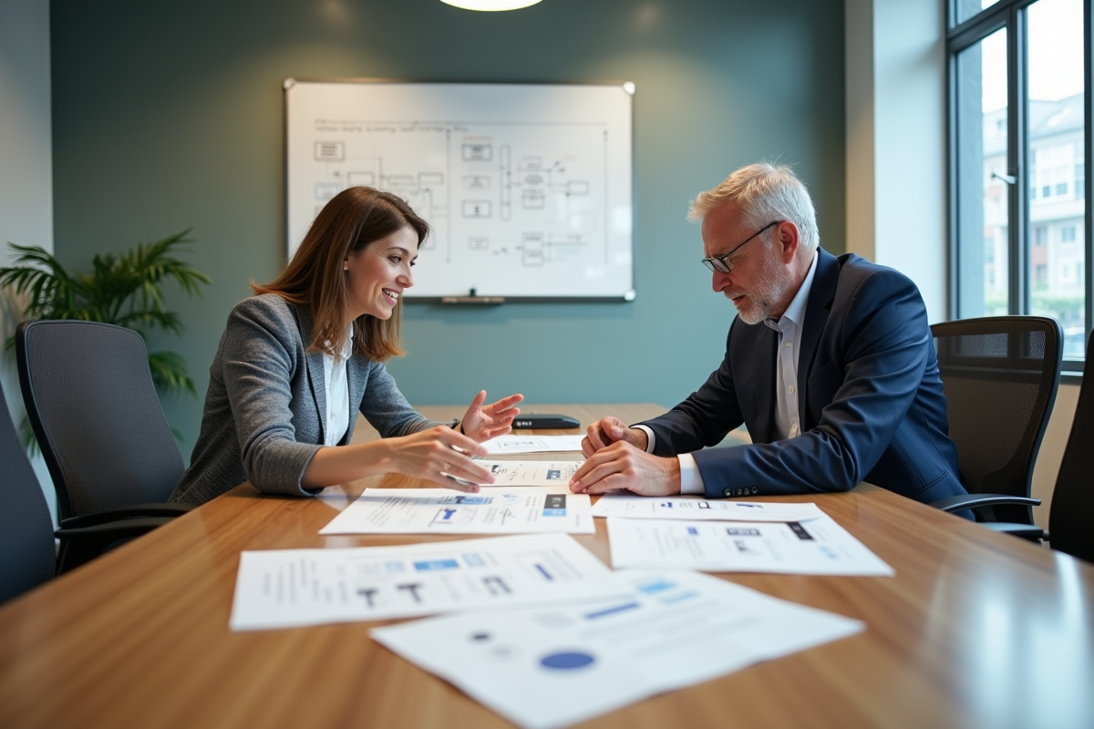 Homme et femme discutant de wireframes en réunion