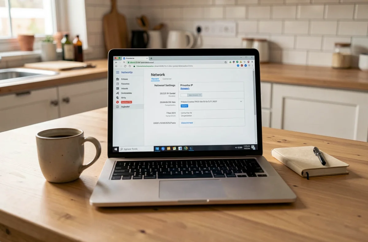 Écran d'ordinateur portable affichant une page de configuration réseau avec une adresse IP privée en cuisine
