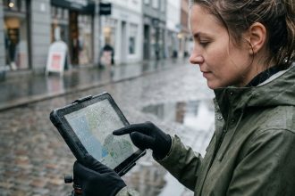 Femme utilisant une tablette tactile avec des gants compatibles sous la pluie en ville