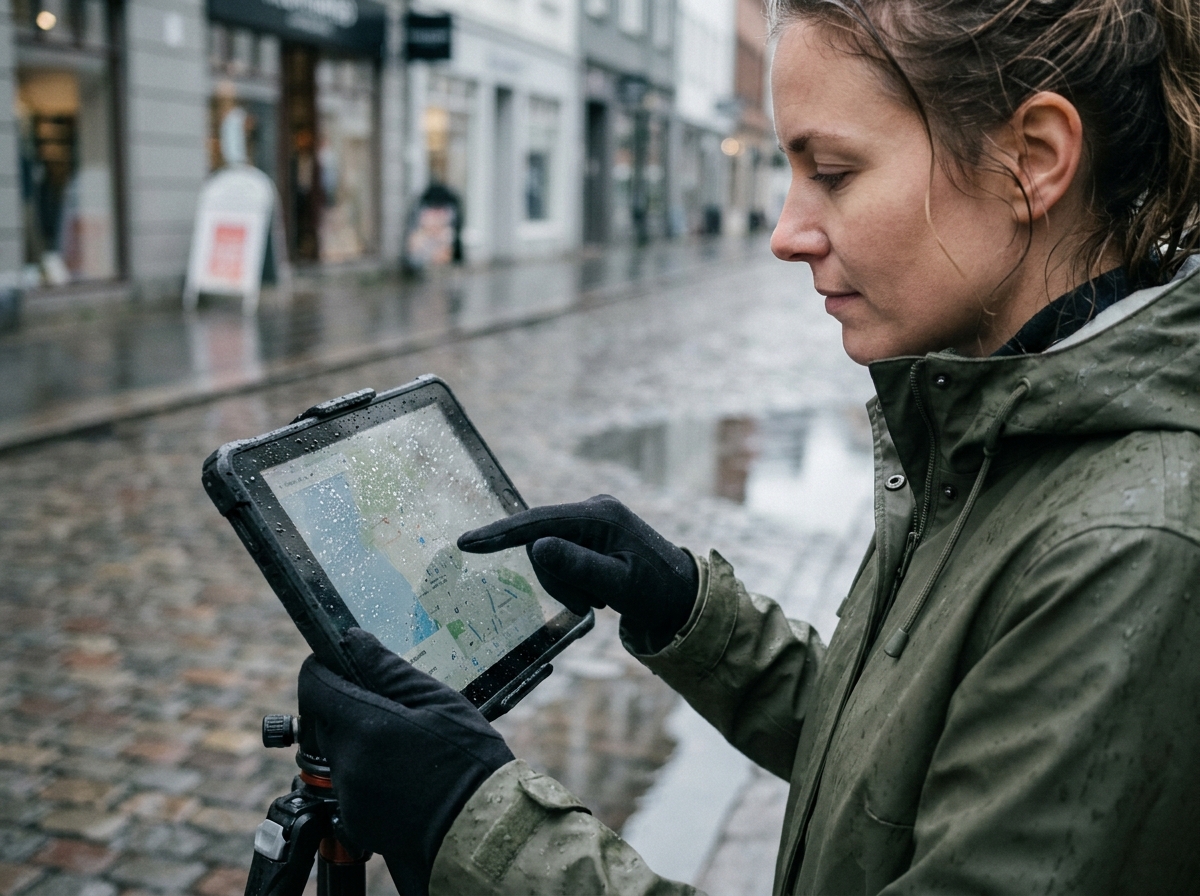 Femme utilisant une tablette tactile avec des gants compatibles sous la pluie en ville