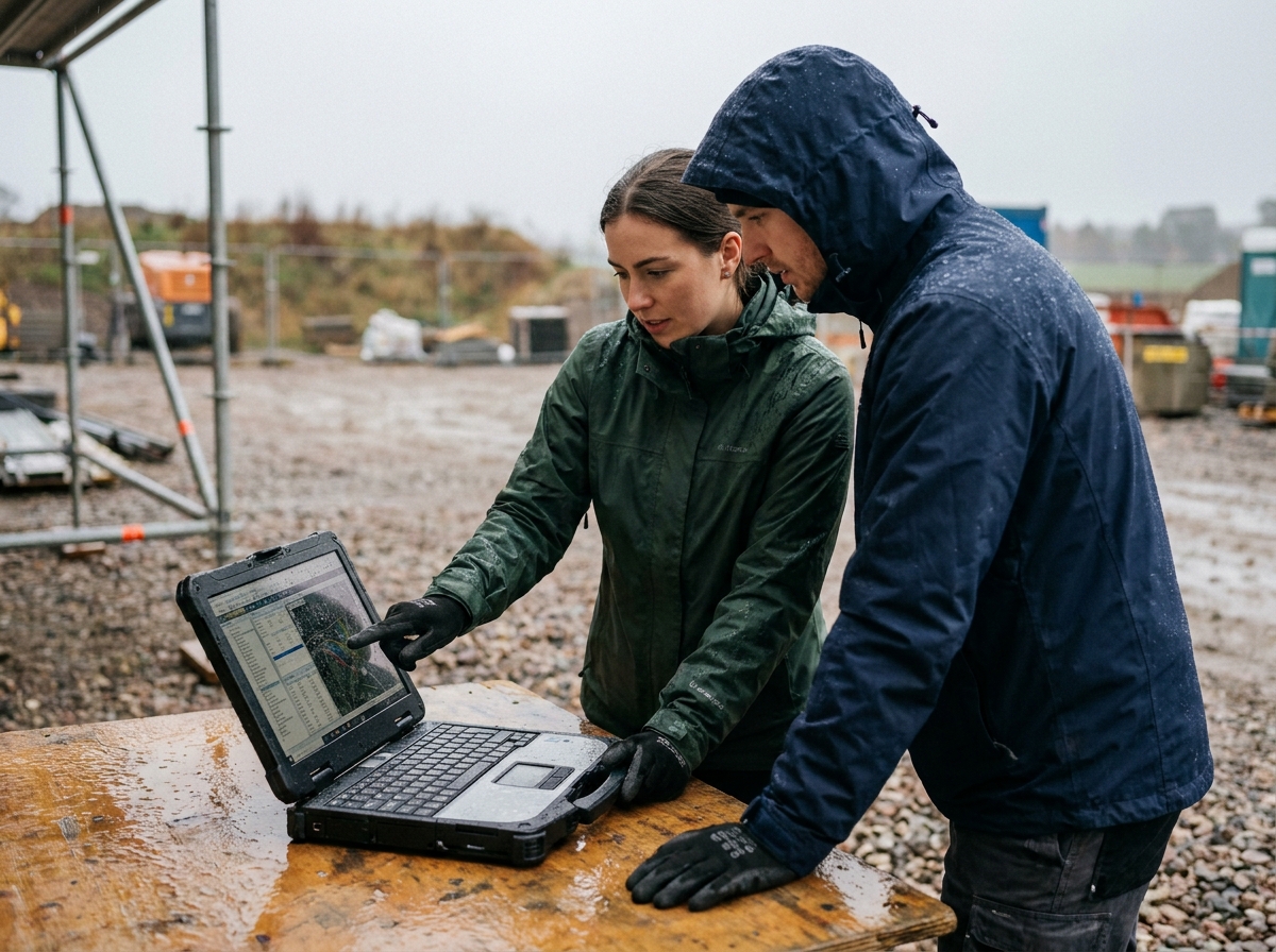 Deux collègues consultant un ordinateur tactile robuste sous la pluie sur un chantier extérieur