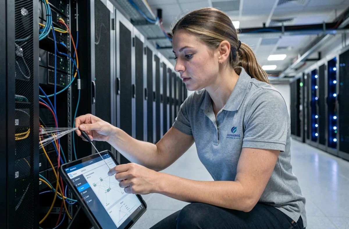 Technicienne d'Éléphant Technologies assurant l'infogérance et la sécurité informatique dans une salle serveurs