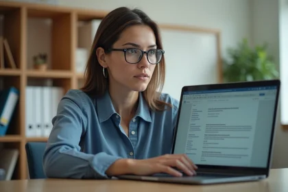 Une enseignante consulte sa messagerie webmail sur un ordinateur portable dans une salle des professeurs