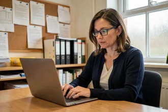 Enseignante utilisant la messagerie Webmailnormandie sur son ordinateur portable dans la salle des professeurs