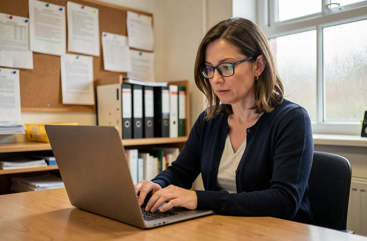 Enseignante utilisant la messagerie Webmailnormandie sur son ordinateur portable dans la salle des professeurs