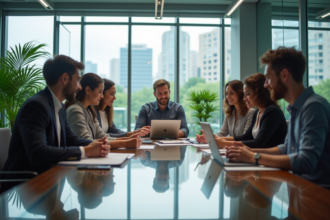 Groupe de professionnels en réunion dans un bureau moderne