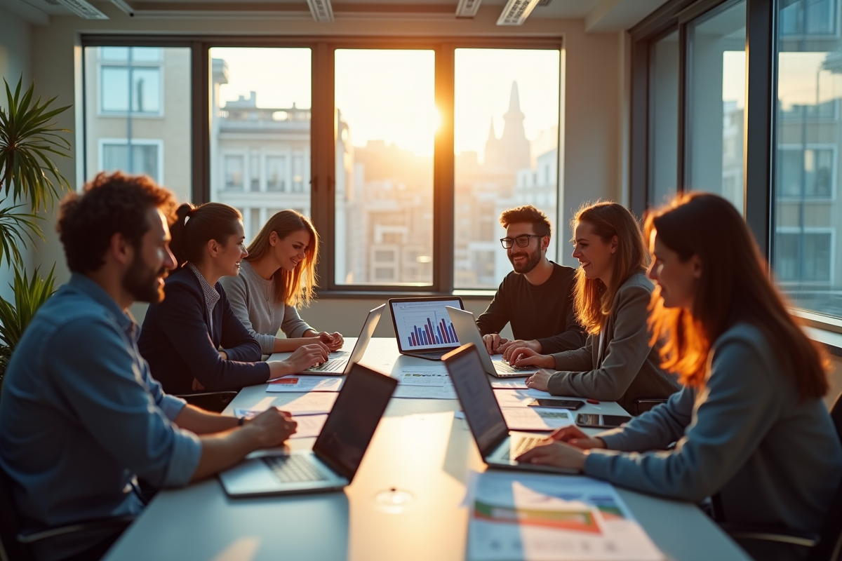Equipe créative analysant résultats campagne sur ordinateur