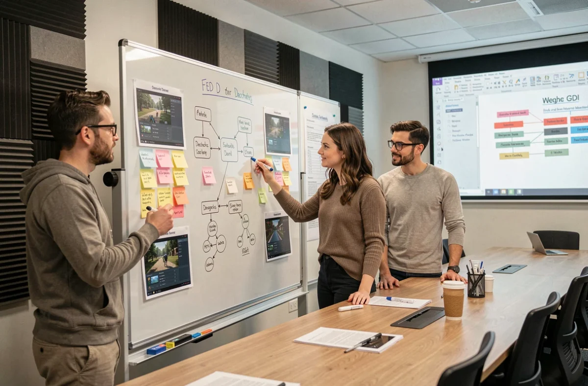 Équipe de concepteurs de jeux collaborant autour d'un tableau blanc pour structurer un GDD complet