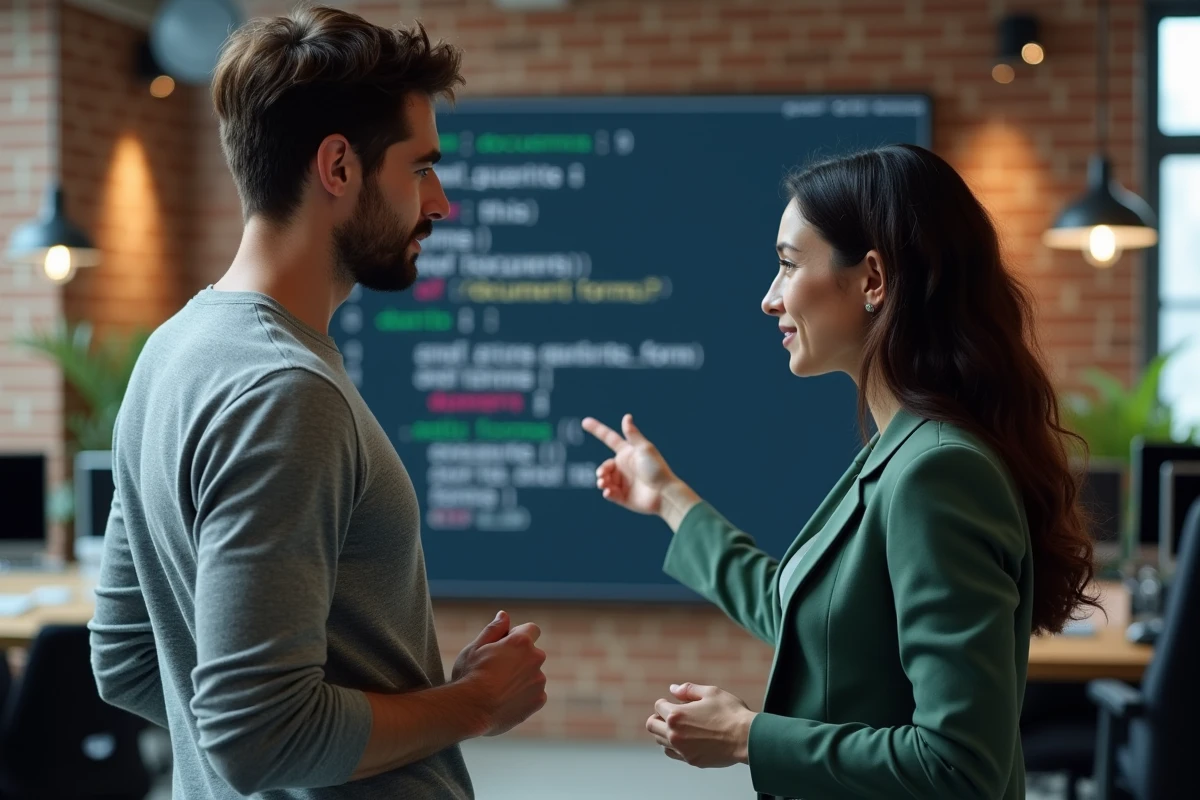 Deux développeurs comparant les différences entre this et document.forms dans du code HTML affiché sur écran mural