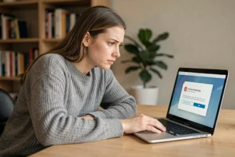 Femme frustrée face à une erreur de décompression de fichier ZIP sur son ordinateur portable