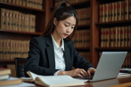 Étudiante en droit construisant un plan de dissertation juridique sur ordinateur portable dans une bibliothèque universitaire
