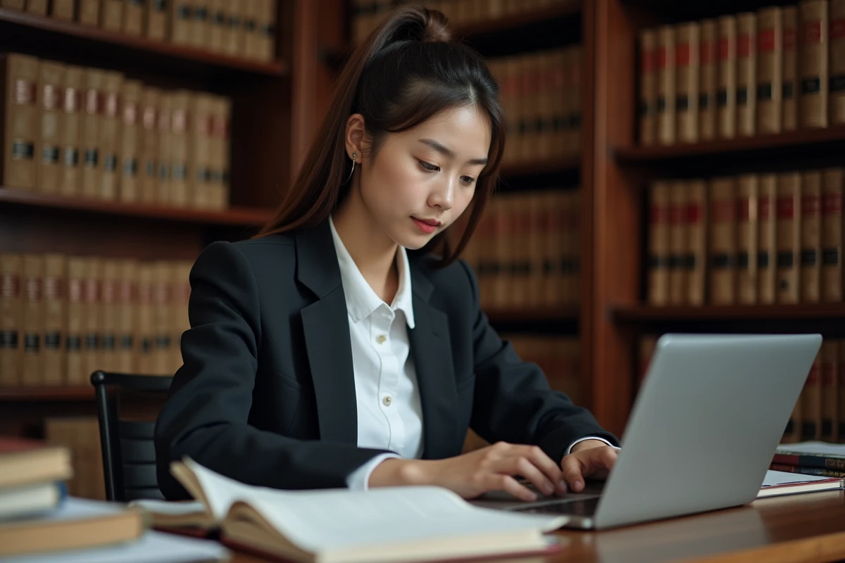 Étudiante en droit construisant un plan de dissertation juridique sur ordinateur portable dans une bibliothèque universitaire