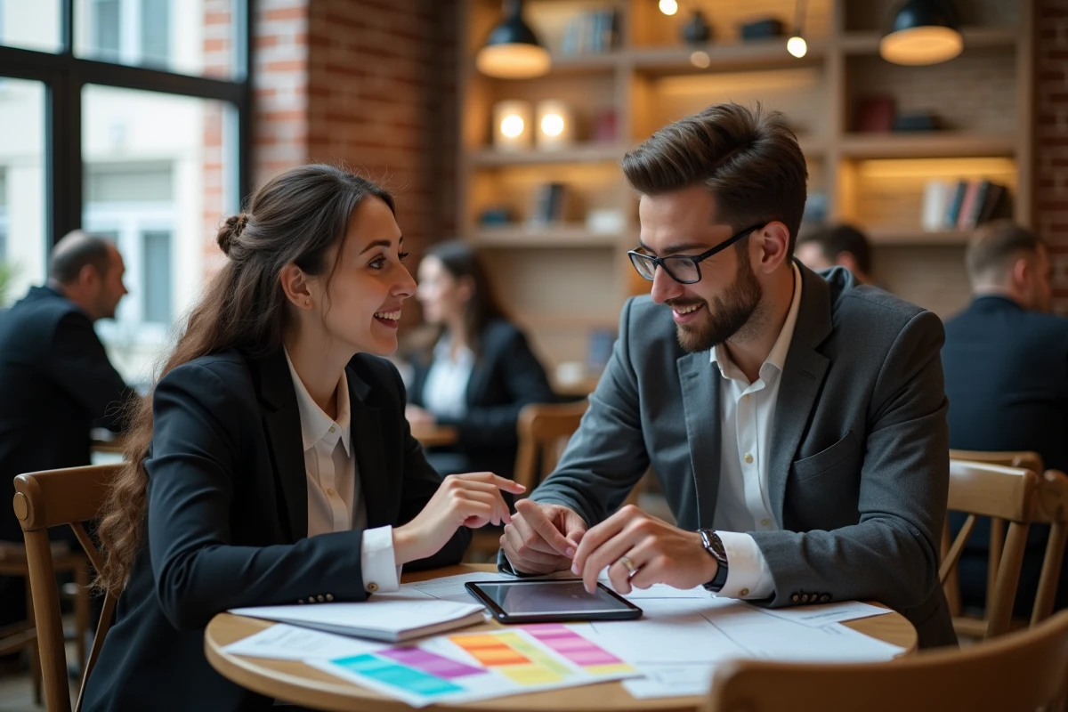 Deux étudiants en droit collaborant sur un plan de dissertation juridique assisté par IA dans un café moderne
