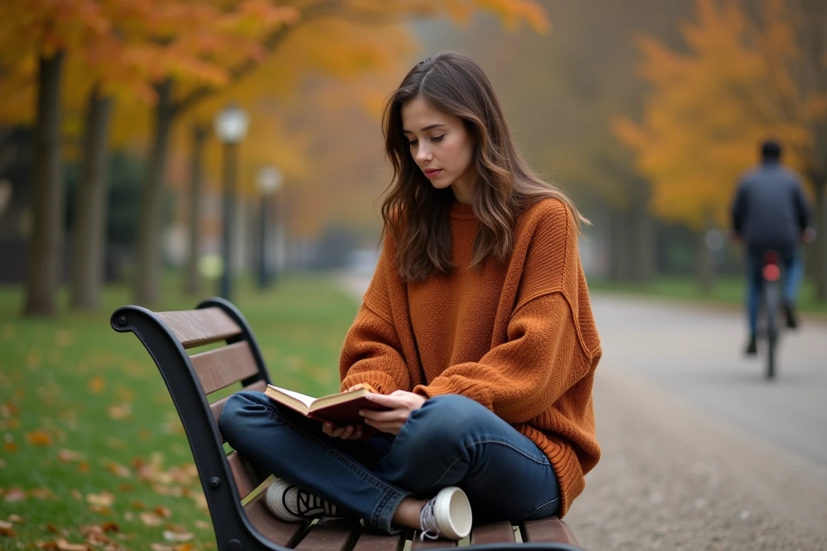 Jeune femme en plein air sur un banc de parc, illustrant un exemple concret d'usage en environnement quotidien