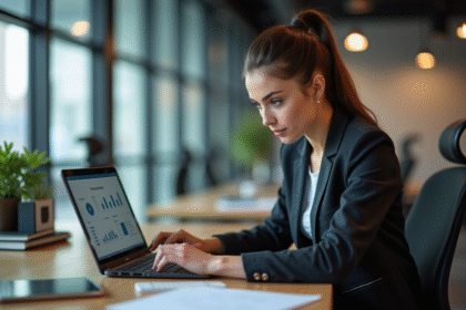 Jeune femme analysant des données sur son ordinateur