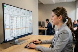 Femme en blazer gris analysant un tableau Excel sur un grand écran de bureau avec des colonnes et lignes de données