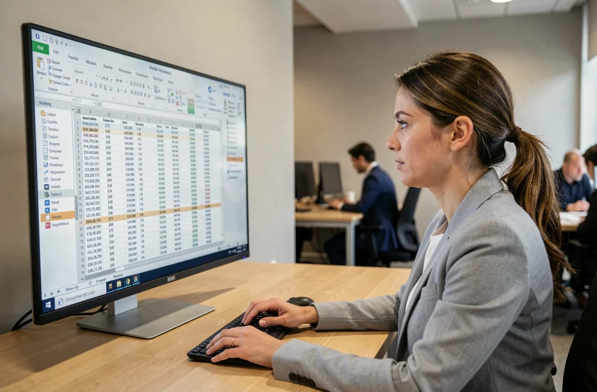 Femme en blazer gris analysant un tableau Excel sur un grand écran de bureau avec des colonnes et lignes de données
