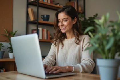 Jeune femme au bureau à domicile souriante devant son ordinateur