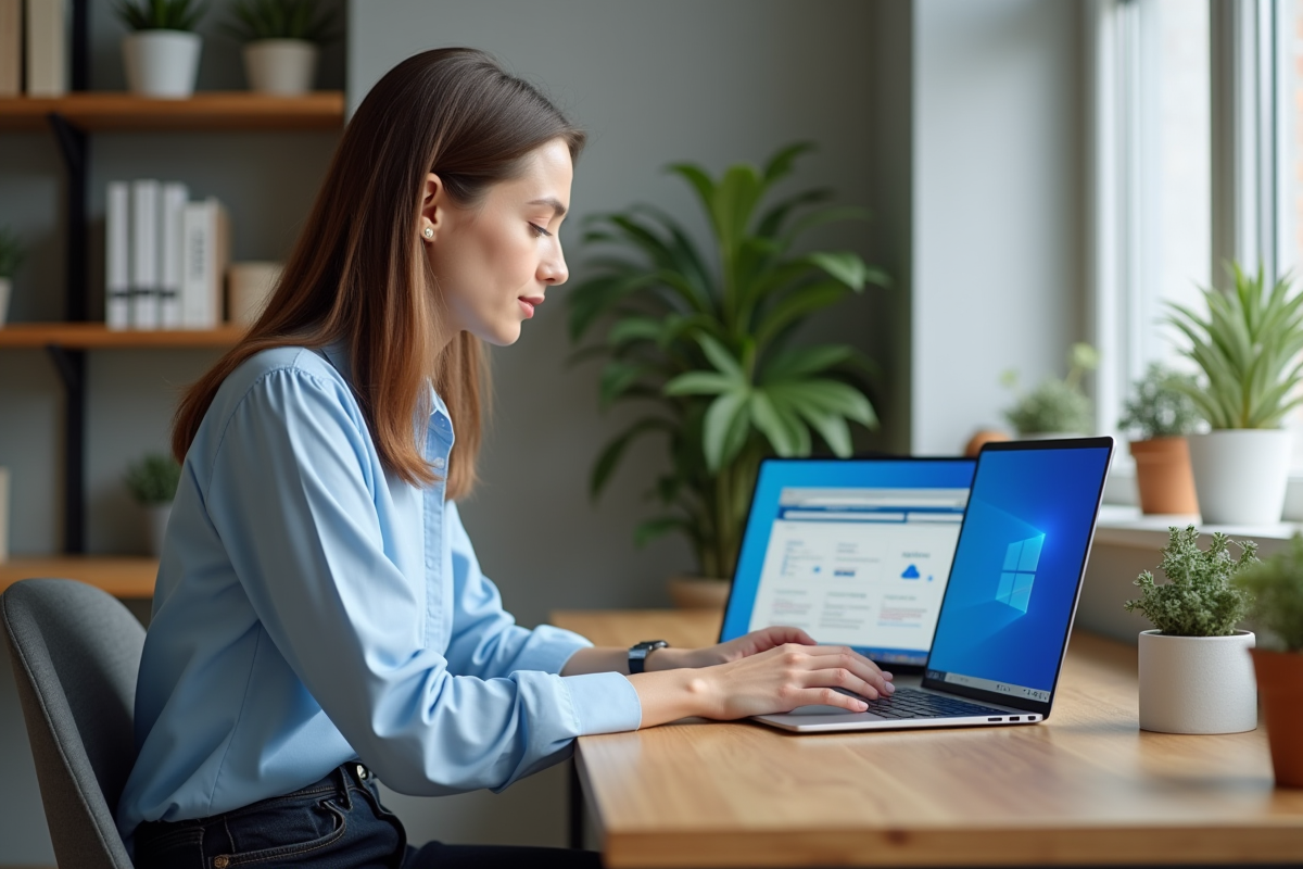 Femme travaillant sur son ordinateur dans un bureau organisé