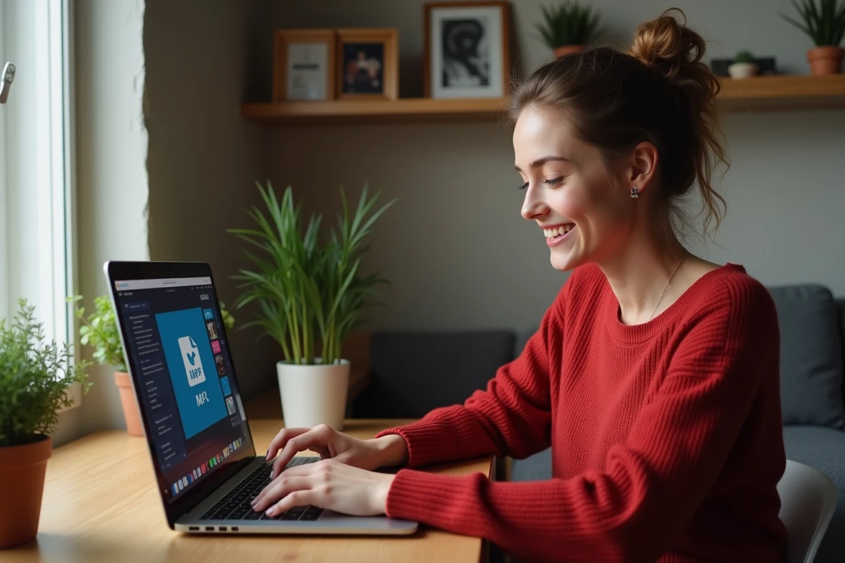 Jeune femme au bureau avec ordinateur portable et icônes MP4