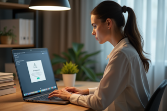 Jeune femme au bureau face à un ordinateur affichant une erreur