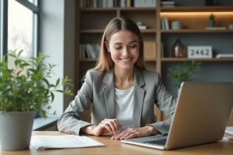 Femme en bureau moderne travaillant sur son ordinateur portable