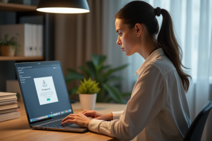 Jeune femme au bureau face à un ordinateur affichant une erreur