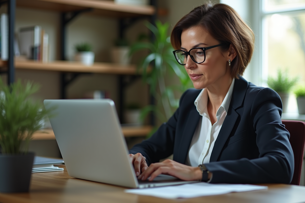 Femme d'âge moyen utilisant un lecteur d'écran sur son ordinateur portable