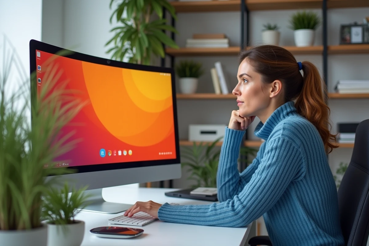 Femme d'âge moyen au bureau regardant un écran orange