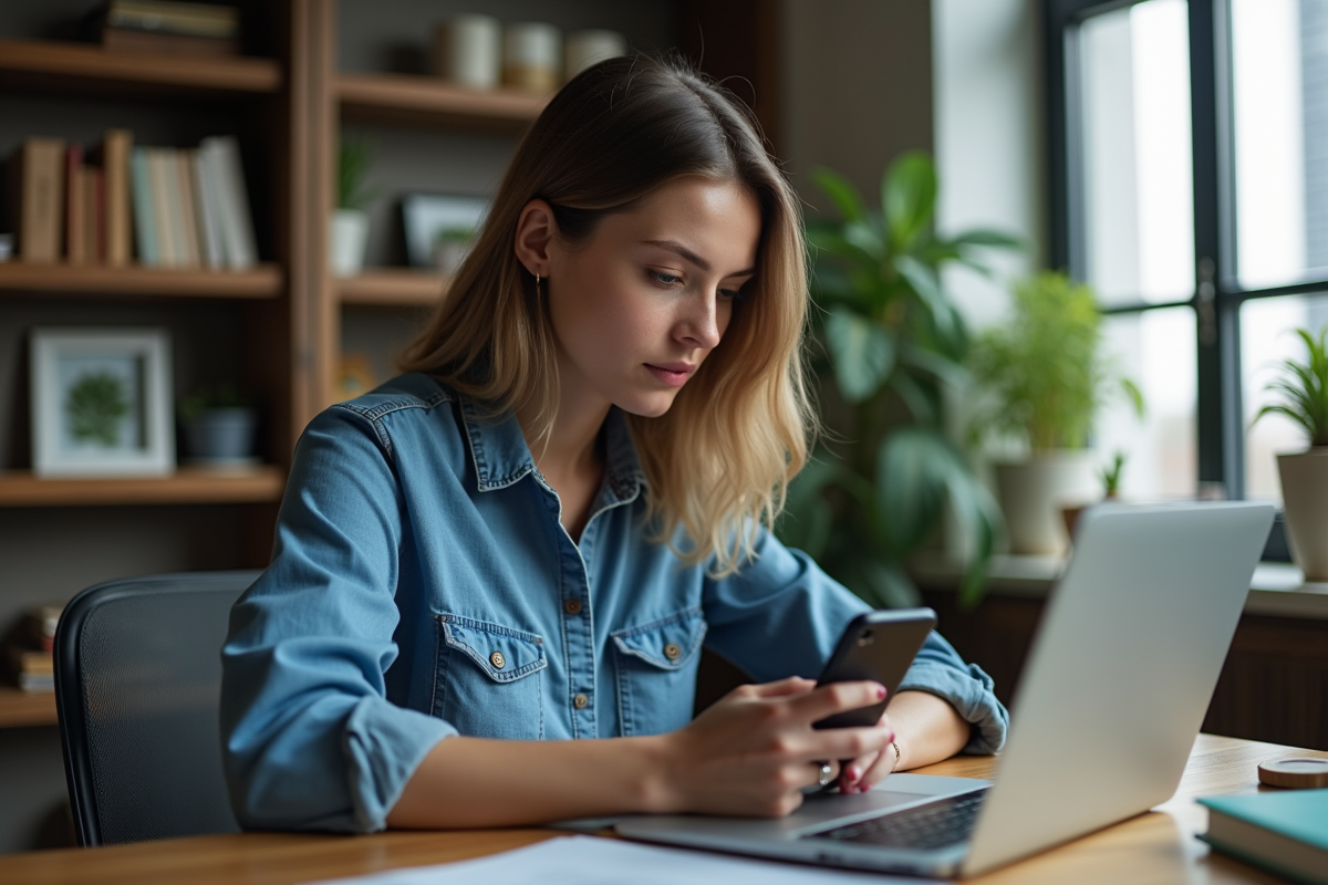 Jeune femme au bureau utilisant smartphone et ordinateur