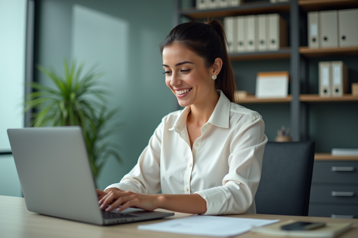 Femme souriante organisant des dossiers numériques au bureau