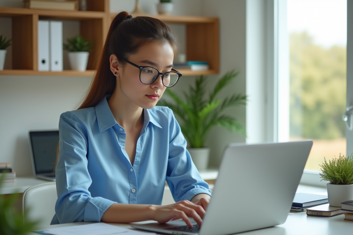 Jeune femme professionnelle organisant ses dossiers numériques dans un bureau lumineux